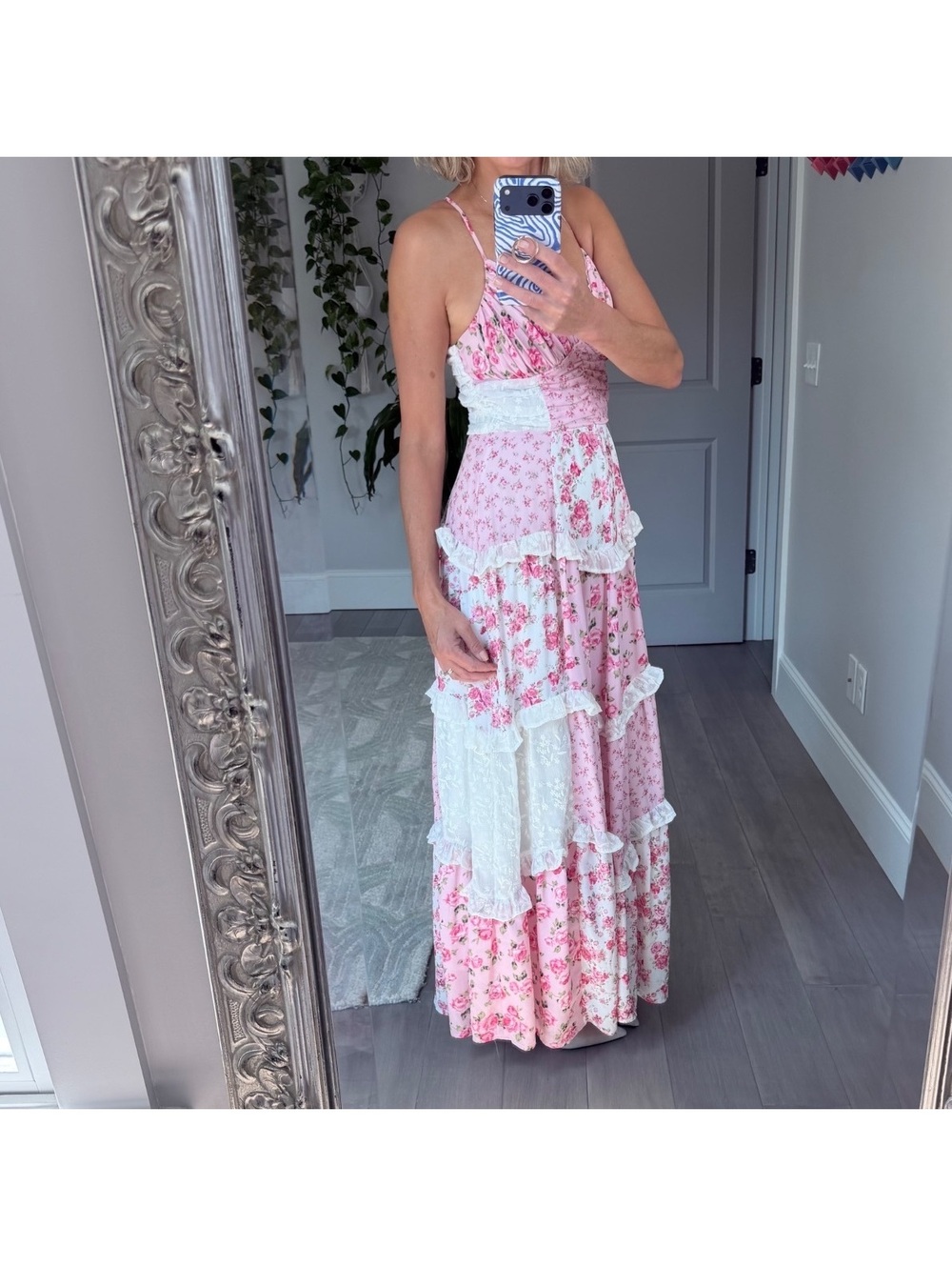 Altar'd State Pink Floral Patchwork Maxi Dress / Lace Trim Size S - Picture 2 of 10